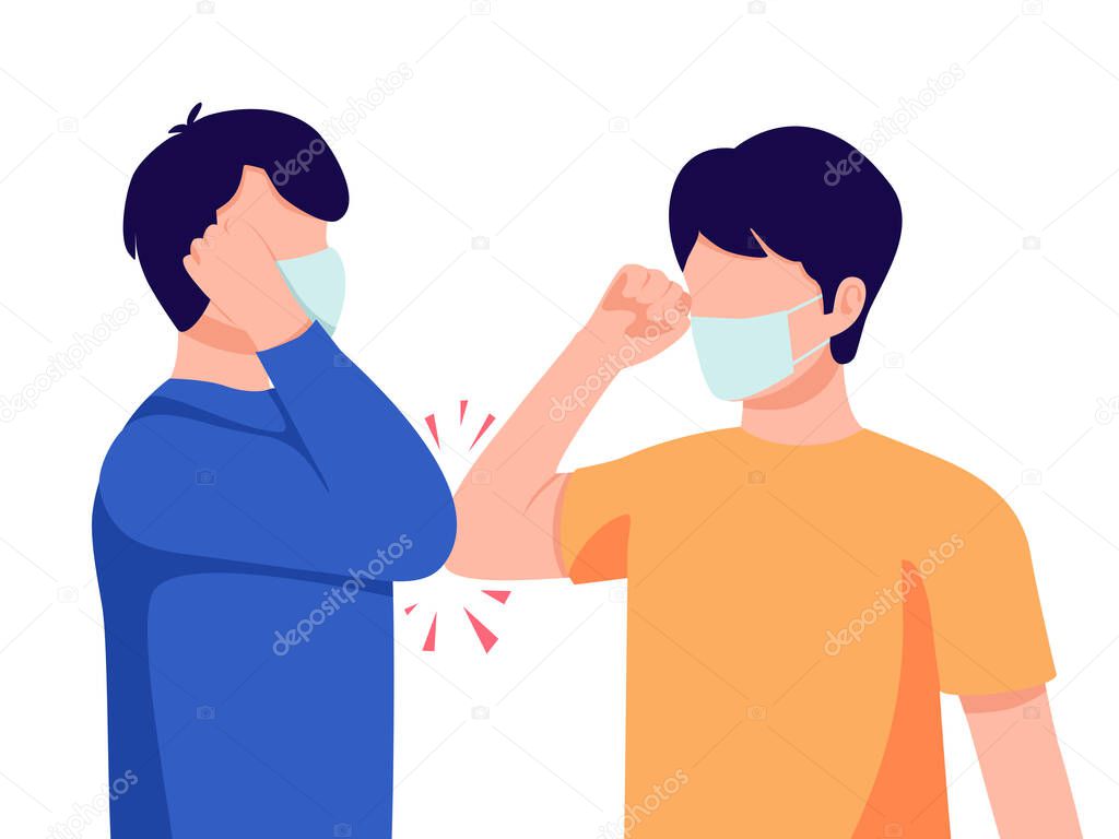 Two mans  wearing surgical or medical face mask  shaking elbows, healthy protection concept,cover mouth to prevent virus,pollution, vector illustration 