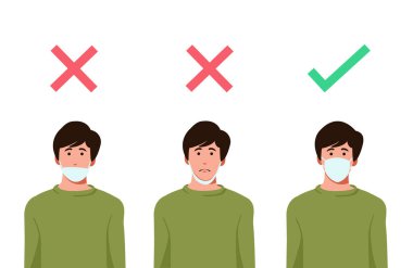 Tıbbi maskeyi yanlış takan bir grup adam, kırmızı haç sembollü, yeşil işaretli tıbbi maske takan bir adam, koruma konsepti, virüsü önleme, vektör ilülasyonu 