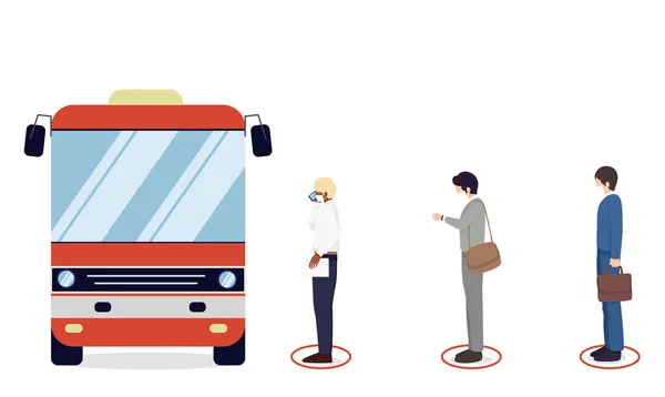Social distancing, People wearing medical mask wait in line for bus   , keep distance for 2 centimeters, health protection, new normal,vector illustration