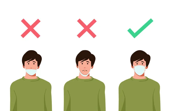 赤い十字記号で間違った方法で医療用マスクを身に着けている男性のセット 緑のチェックマークで適切に医療用マスクを身に着けている1人の男性 保護コンセプト ウイルスを防ぐ ベクトルイラスト — ストックベクタ