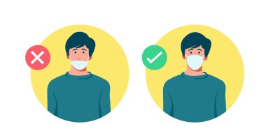 Set of men wearing medical mask in the wrong way with red cross symbol, one men wearing medical mask properly with   green check mark, protection concept, prevent virus, vector illustration  clipart
