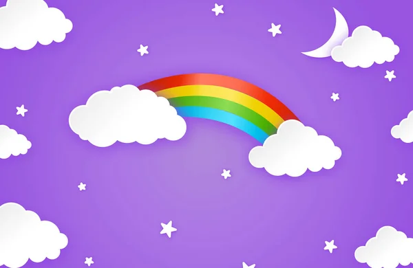 Arco Íris Colorido Com Nuvens Estrelas Lua Fundo Noite Padrões — Vetor de Stock