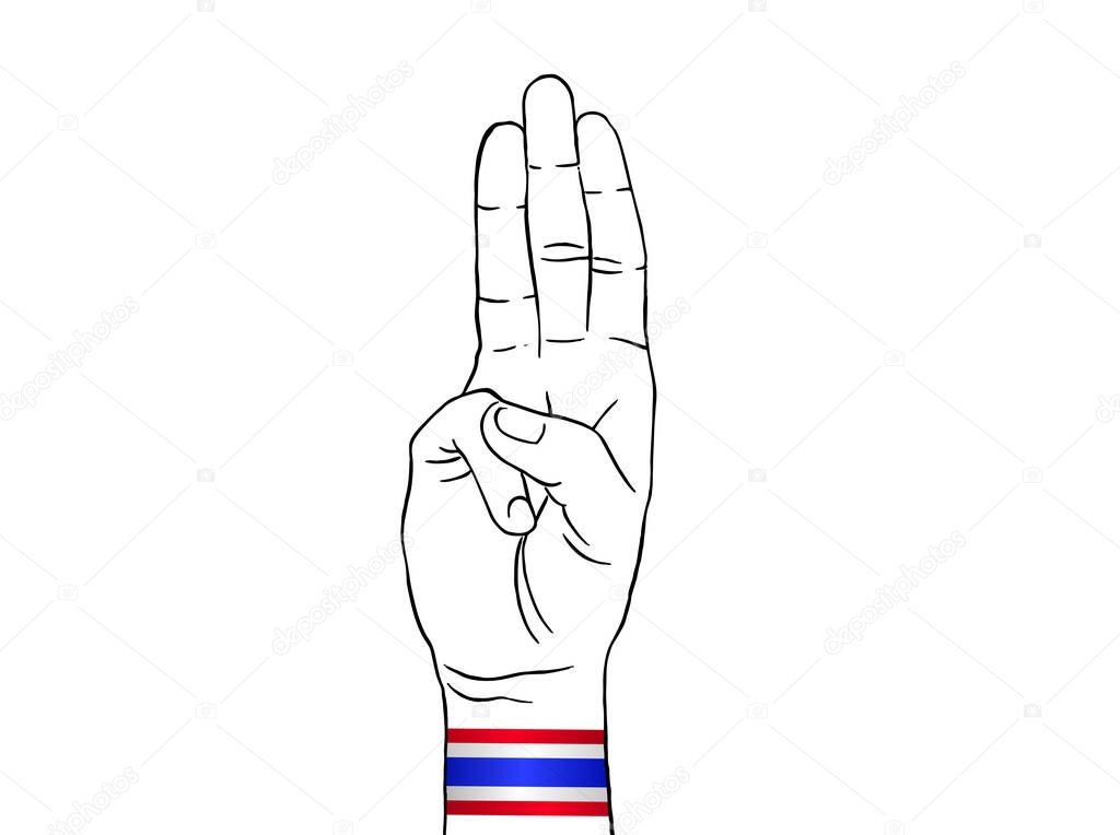 Protester show three fingers salute wearing Thailand flag wristband on white backgeound , graphic designer element - Vector - illustration