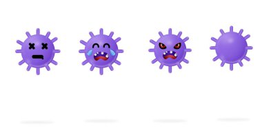Coronavirus covid 19 emoji kawaii ölü, ağlayan, kızgın yüzlü, beyaz arka planda virüs karakteri tasarımı, virüs enfeksiyonları önleme ve koruma konsepti, 3 boyutlu illüstrasyon