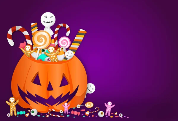 Halloween Party Background Pumpkin Basket Full Candies Sweets Cookies Eyes — стоковый вектор
