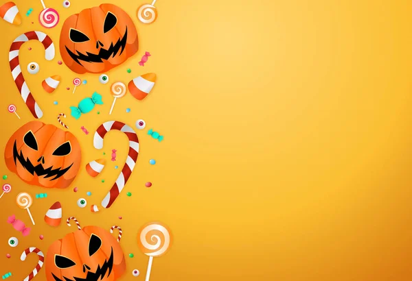 Halloween Party Hintergrund Mit Kürbiskorb Bonbons Süßigkeiten Augen Auf Gelbem — Stockvektor