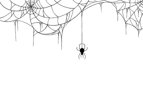 Spider Hängande Från Spindelväv Vit Bakgrund Hallowed Banner Isolerad Natten — Stock vektor