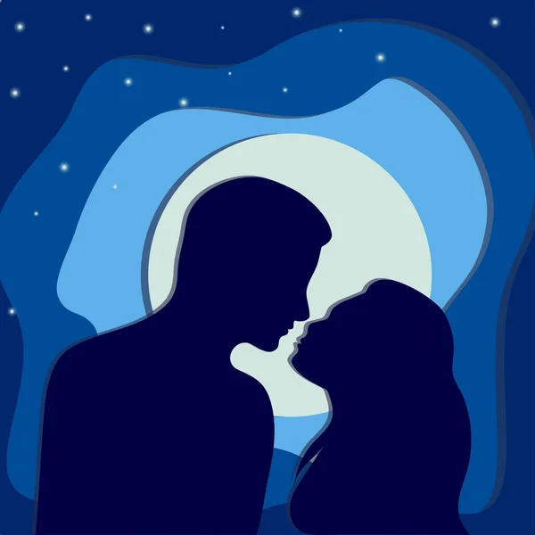 恋に落ちる 夜空に抱擁の下で夜の愛のカップル 紙切りのスタイルで作られたベクターイラスト — ストックベクタ