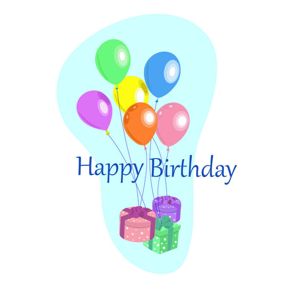 Цветные шарики привязаны к коробкам с подарками. Воздушные шары и подарки на любой праздник. Векторная иллюстрация в плоском стиле, изолированные элементы на белом фоне