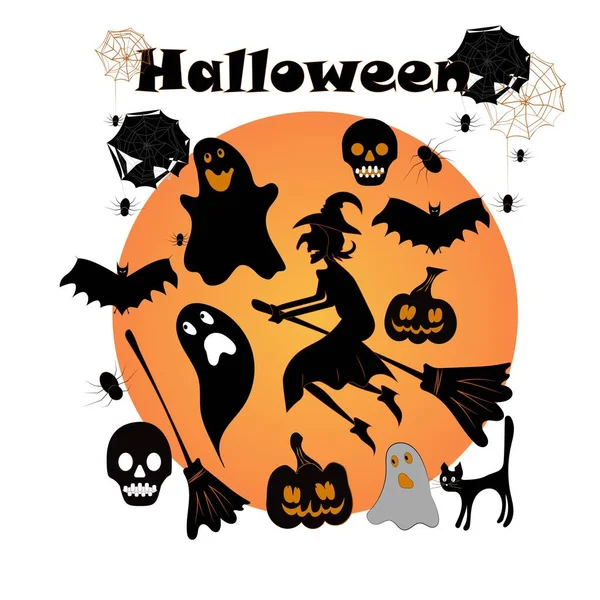 Conjunto Halloween Bruxa Abóboras Morcegos Teia Aranha Gato Preto Crânios —  Vetores de Stock