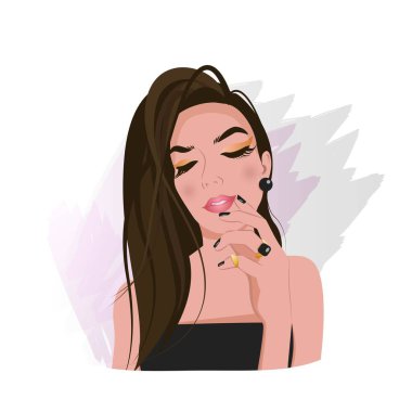 Modaya uygun bir kız, yüz yüze el ele tutuşur, makyajlı gözler ve dudaklar bakımlı eller, kendine dikkat eden lüks bir kadın, kuaförler ve manikür için logo, düz bir illüstrasyon.