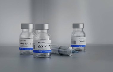 Genel Covid19 Aşı ve Şırınga Enjeksiyonu, Hastane Ortamı Aşısı, Gri Arkaplan, 3D İllüstrasyon