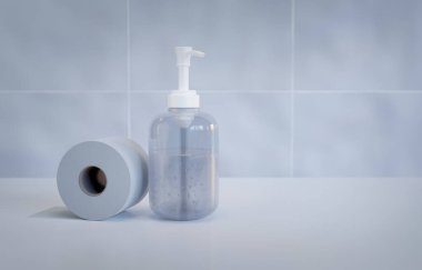 Hijyenik Tuvalet Kağıdı rulosu ve Antiseptik Temizleyici Jel, Ön Görünüm, Işık Arkaplan, 3D İllüstrasyon, Metin İçin Yer