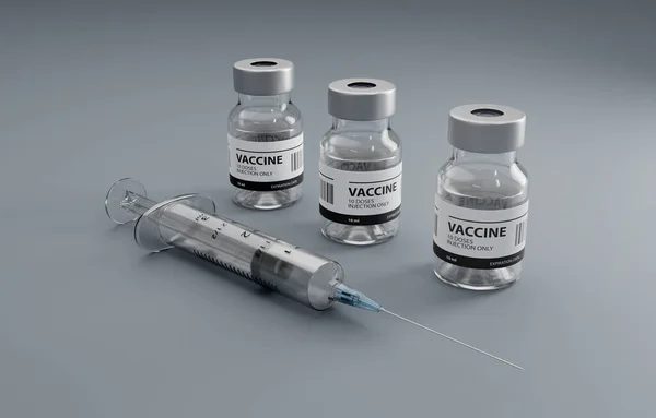 一般的なワクチンのラインアップと注射注射 病院周辺でのワクチン グレーの背景 3Dイラスト — ストック写真