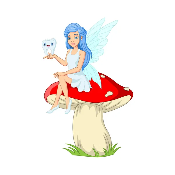 Vector Illustration Cartoon Little Tooth Fairy Sitting Tooth Mushroom — Stock Vector