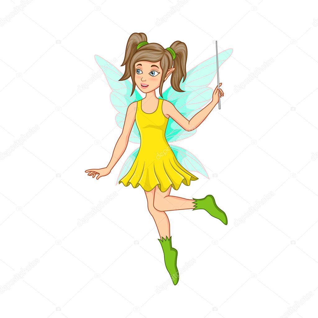 Vector Illustration of Cartoon little green fairy flying with magic stick