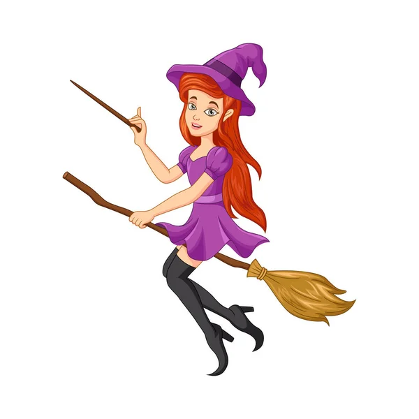 Vector Ilustração Dos Desenhos Animados Halloween Bruxa Menina Voando Vassoura — Vetor de Stock