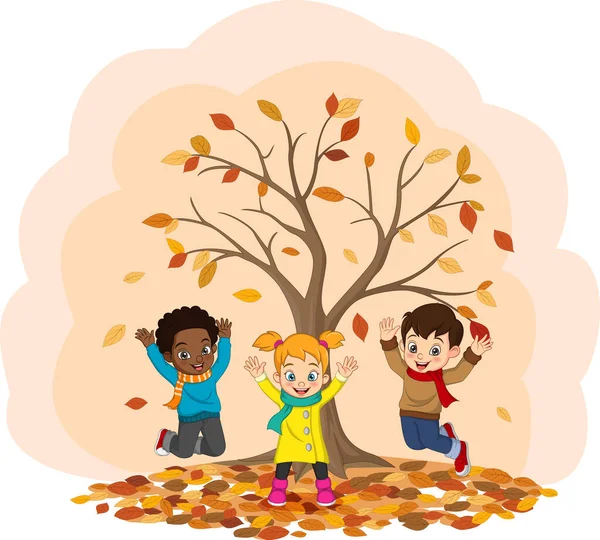 Cartoon Glückliche Kinder Spielen Herbst Hintergrund — Stockvektor