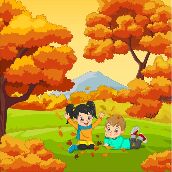 Vektorové Ilustrace Cartoon Happy Děti Hrát Podzimním Pozadí — Stockový vektor