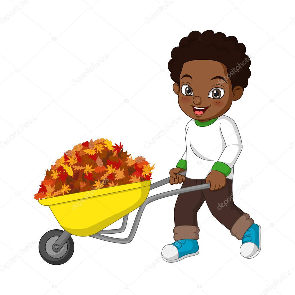 Vector Illustration of Cute african american boy pushing the cart with autumn leaves