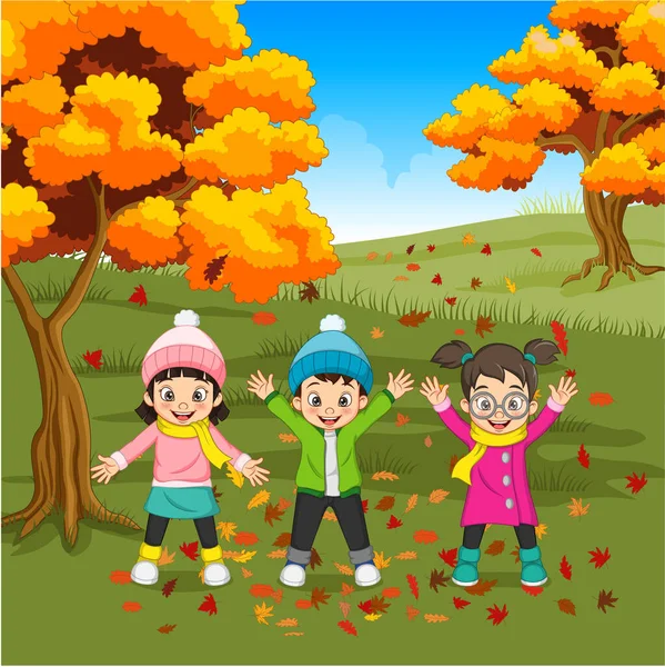 Vektorové Ilustrace Cartoon Happy Děti Hrát Podzimním Pozadí — Stockový vektor