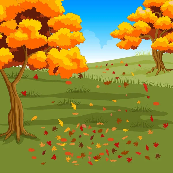 Vektorové Ilustrace Podzimního Lesa Pozadí Padajícími Listy — Stockový vektor