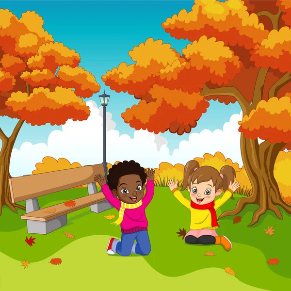 Illustrazione Vettoriale Dei Bambini Felici Del Fumetto Nel Parco Autunno — Vettoriale Stock