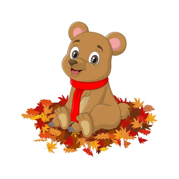 Illustration Vectorielle Mignon Ours Dessin Animé Écharpe Rouge Trouve Feuilles — Image vectorielle