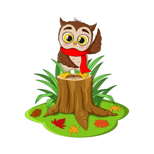 Ilustración Vectorial Búho Lindo Dibujos Animados Bufanda Roja Tocón Árbol — Vector de stock