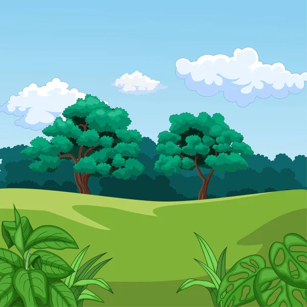 Vetor Ilustração Natureza Paisagem Fundo Com Grama Verde Árvores —  Vetores de Stock