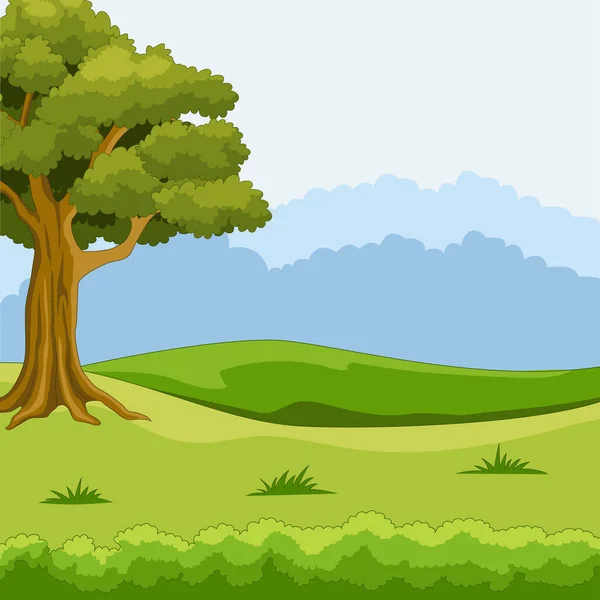 Vector Illustratie Van Natuur Landschap Achtergrond Met Groen Gras Bomen — Stockvector