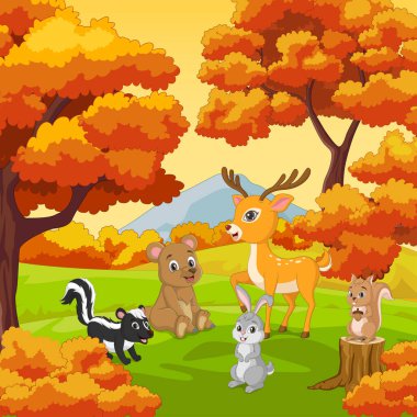 Autumn Forest geçmişine sahip çizgi filmlerdeki mutlu hayvanların vektör çizimi