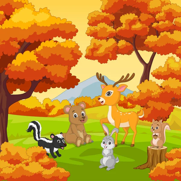 Vector Illustratie Van Cartoon Gelukkige Dieren Met Herfst Bos Achtergrond — Stockvector