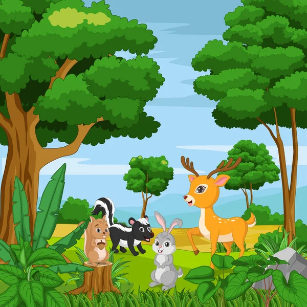 Ilustração Vetorial Desenhos Animados Animais Felizes Fundo Selva —  Vetores de Stock