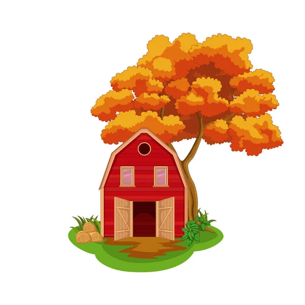 黄色の木や農家のフィールドと秋の背景のベクトルイラスト — ストックベクタ