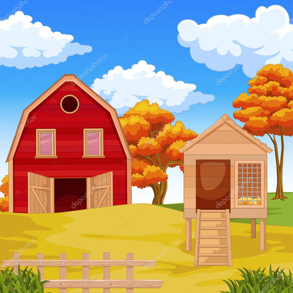 Vector illustration of Farmland with barn on the field