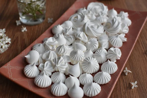 Meringue Airy Snow White Dessert Made Egg White Powdered Sugar — Stock Photo, Image