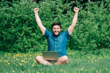 Eller yukarı kutlamak başarı iş veya yeşil çimenlerin üzerinde oturan büyük haber dizüstü bilgisayar ile mutlu heyecanlı adam kaldırdı