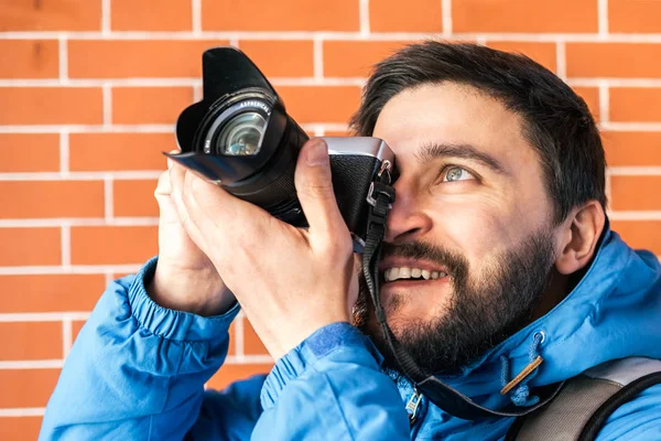 Portrait Happy Young Man Tourists Camera City Brick Wall Background — Stock Photo, Image