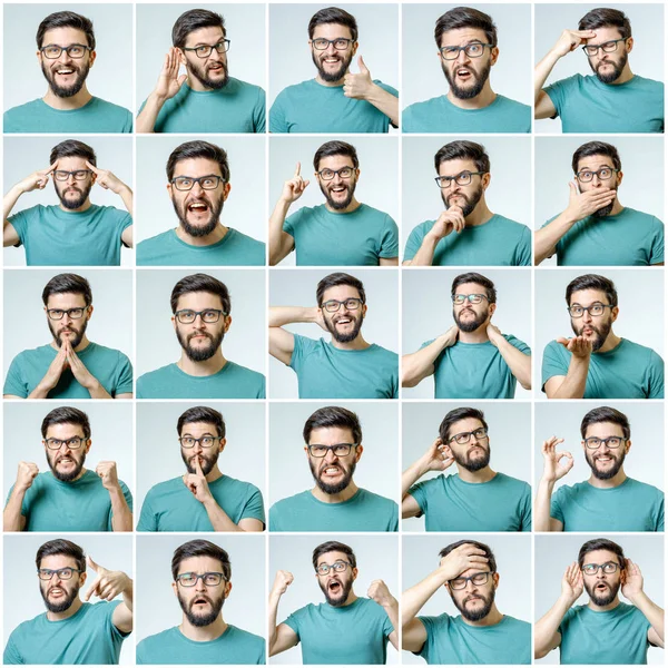 Set Schöner Emotionaler Mann Isoliert Über Grauem Hintergrund — Stockfoto