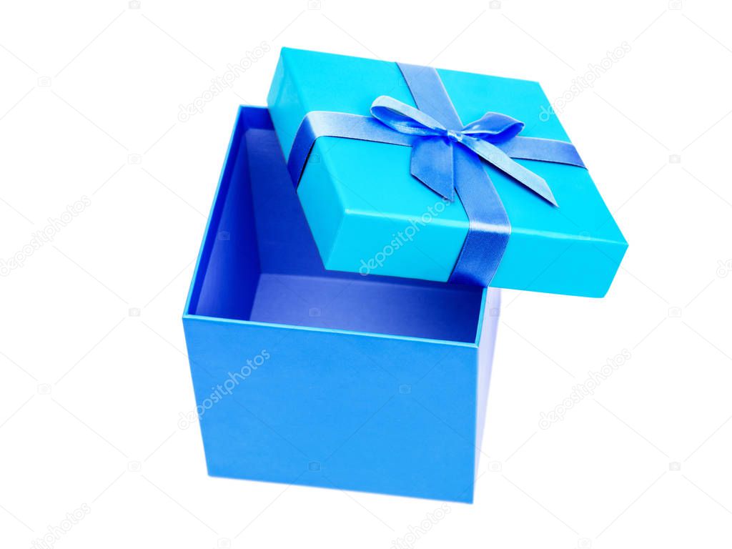 Blue box with a gift and bow isolated on white background