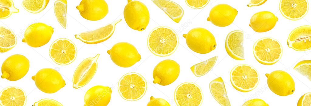 Fresh yellow lemon photographic pattern. Lemon wallpaper. Isolated on white background
