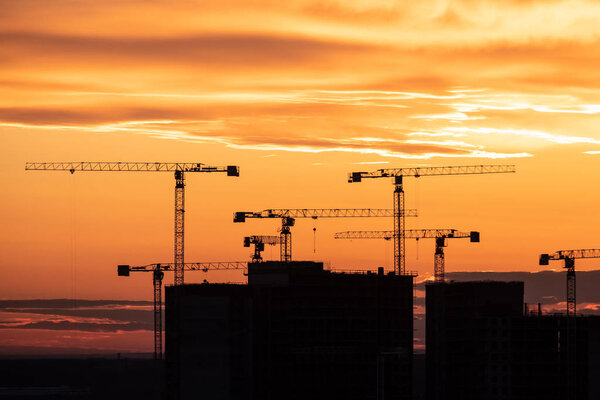 Crane and building silhouettes at sunrise. Abstract Industrial background with construction cranes silhouettes over amazing sunset sky