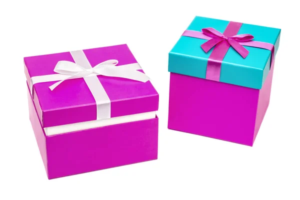 Two Purple Gift Boxes Ribbon Isolated White Background Clipping Path — Stock Photo, Image