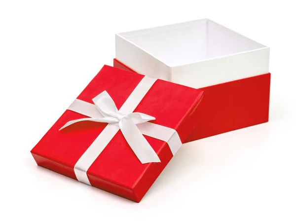 Open Red Box Gift White Bow Isolated White Background — Stock Photo, Image