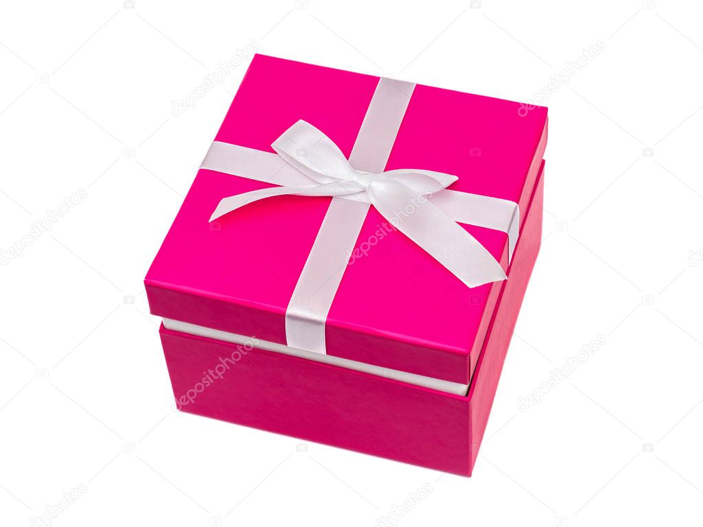 Pink gift box with ribbon bow. Holiday present. Isolated on white background