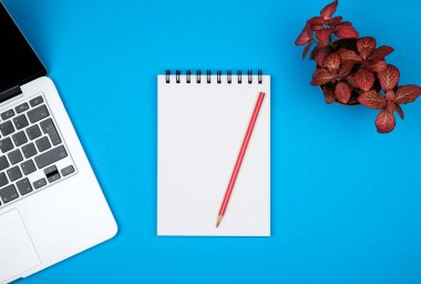 En az işyeri dizüstü bilgisayar ve renkli arka plan üzerinde boş not defteri. Üstten Görünüm. Düz yatıyordu