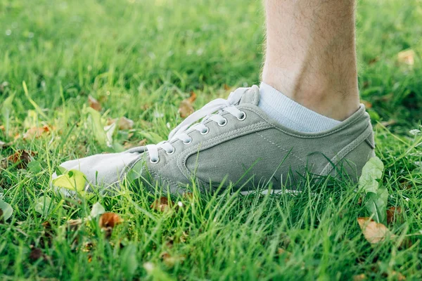 Pés Masculinos Gomas Cinza Grama Verde — Fotografia de Stock