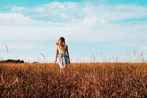 Young woman in dress walking along cereal field. Concept of happiness, loneliness, summer, countryside vacation