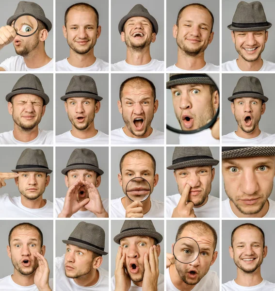Набор Портретов Молодого Человека Различными Эмоциями Жестами Лупой Шляпой Сером — стоковое фото